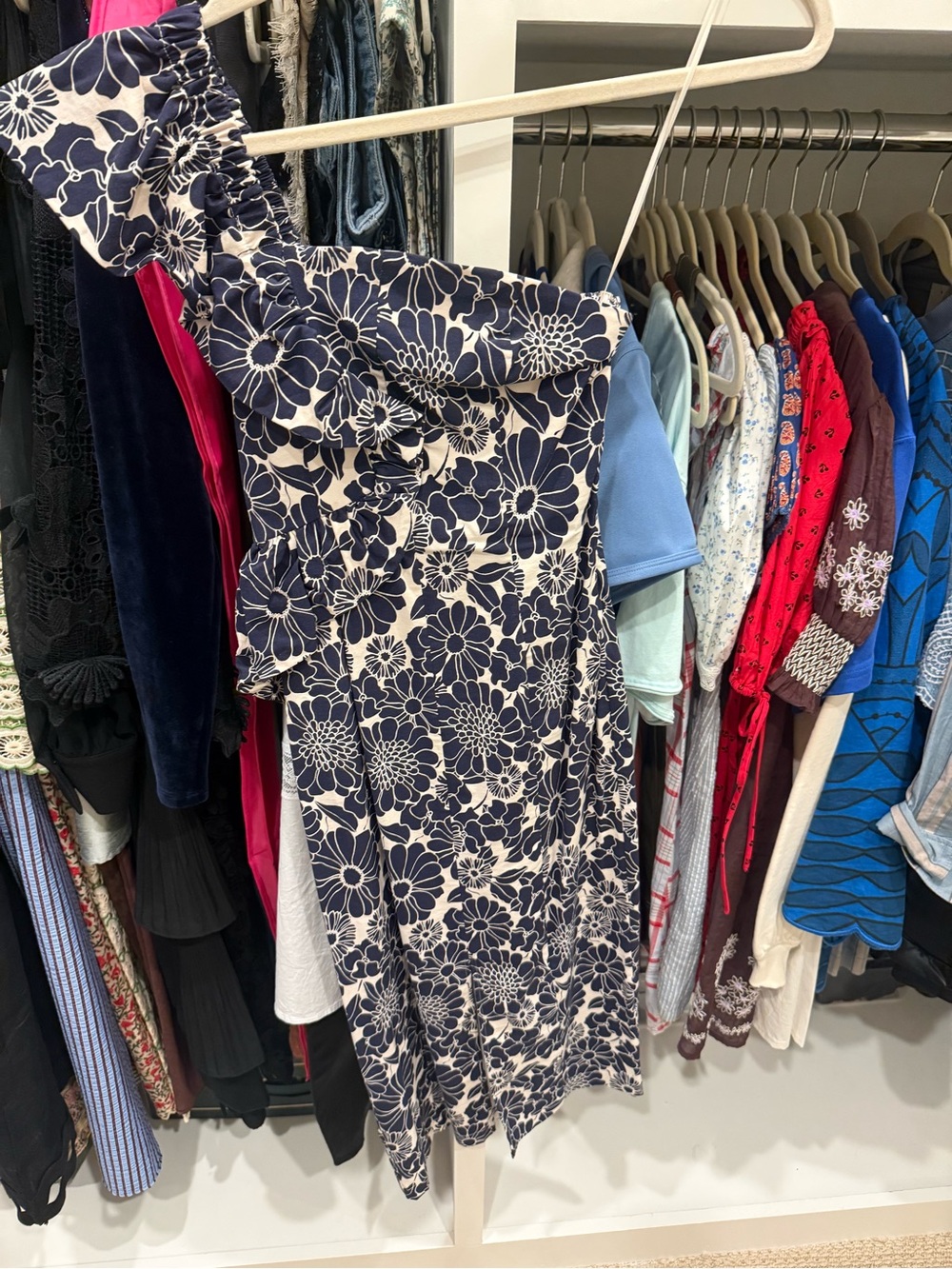 Anthropologie Navy and White Floral One-Shoulder Dress